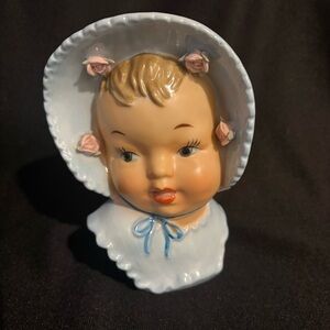 Vintage Ucagco Ceramic Baby Head Planter Vase - Blue with Pink Flowers